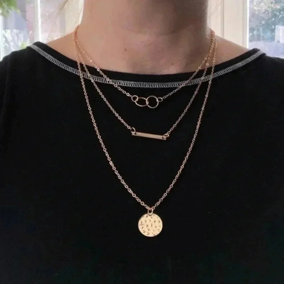 Triple Chain Circle Bar Pendant Gold Fashion Statement Long Necklace NWT - Picture 1 of 4